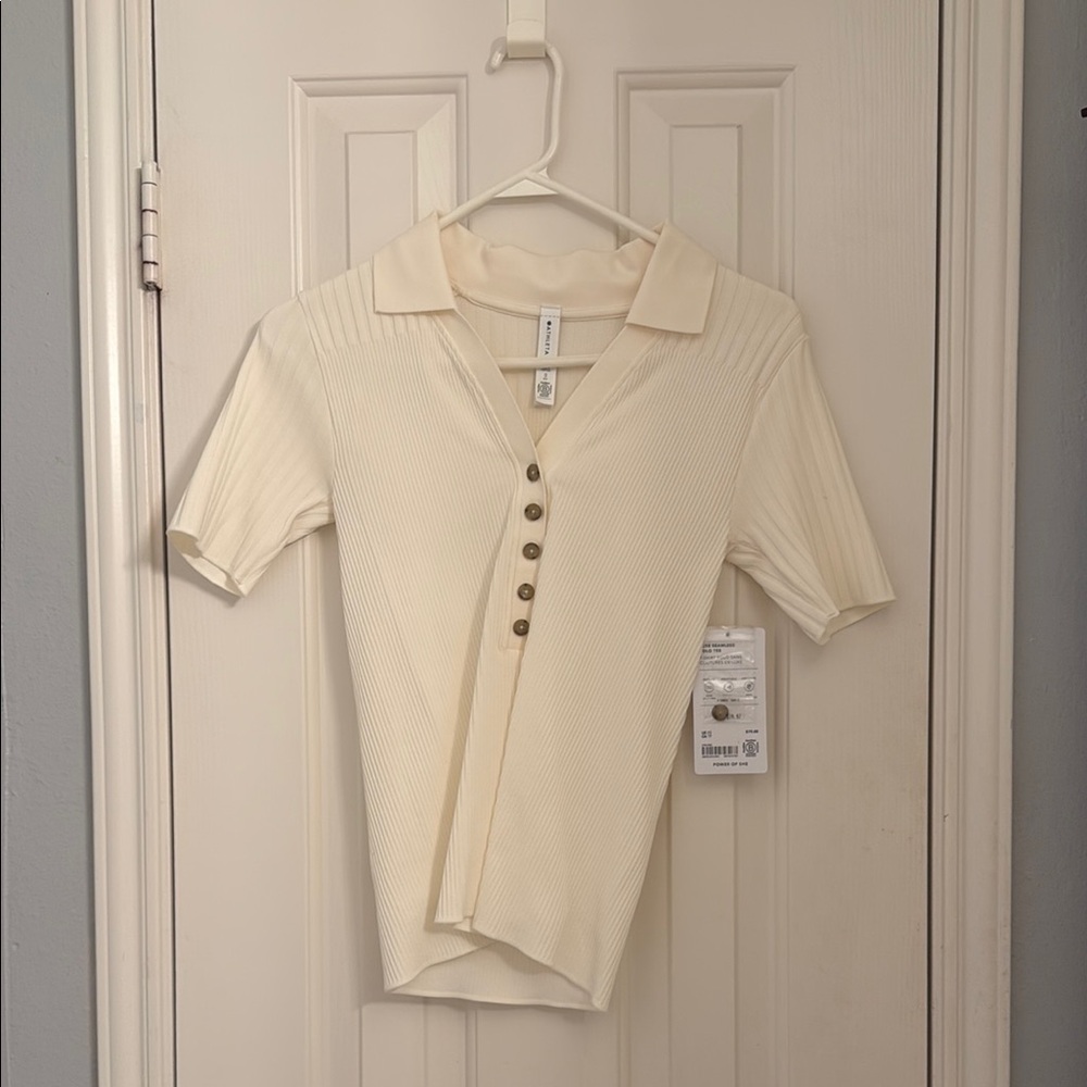 Cream Ribbed Short Sleeve Button Polo Top